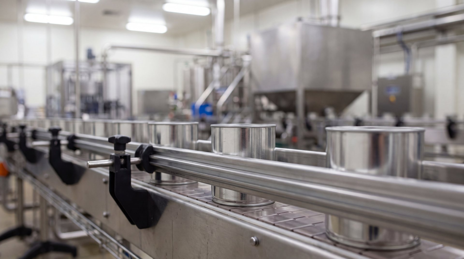 Unlabelled cans moving along a stainless conveyor