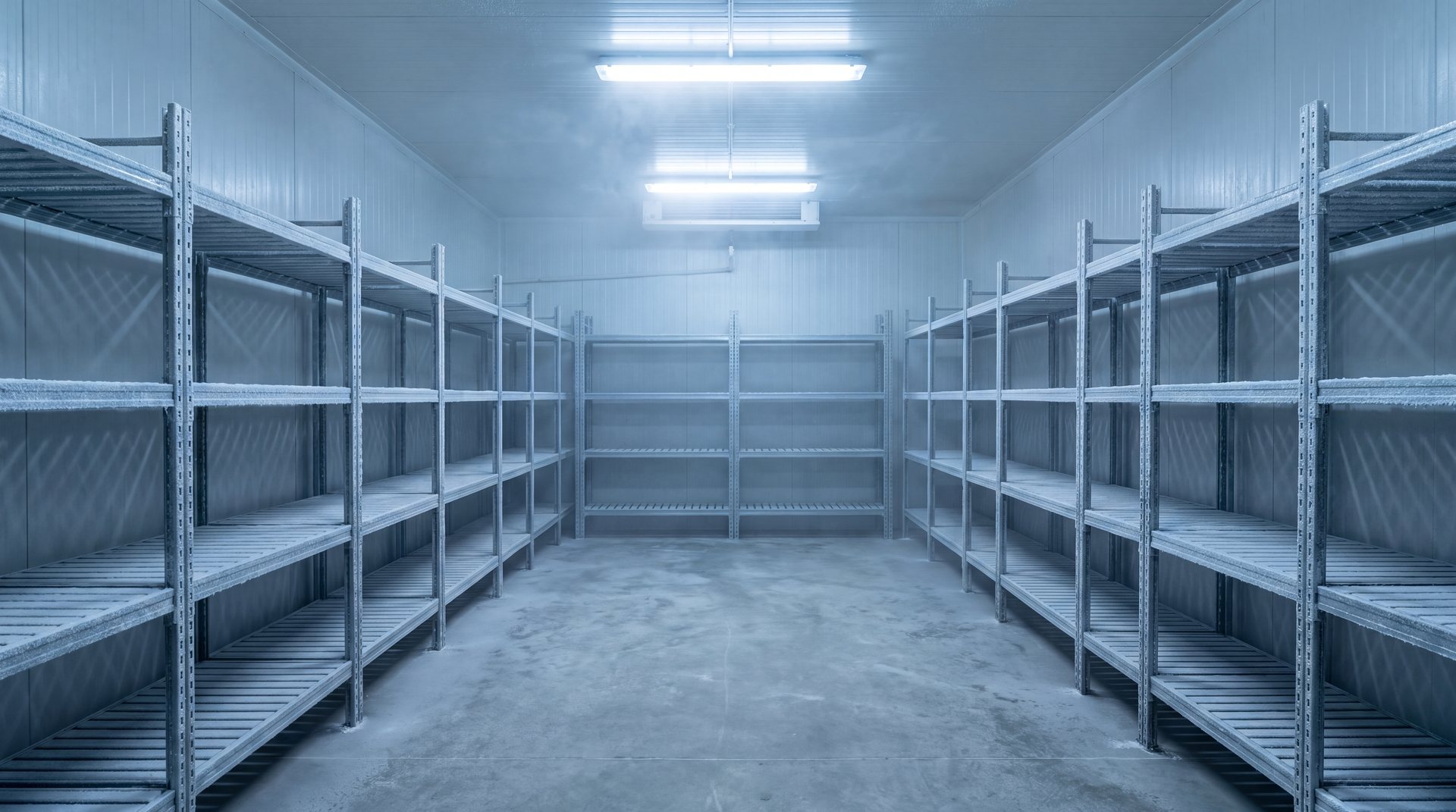 Frost on metal shelving inside a cold storage room