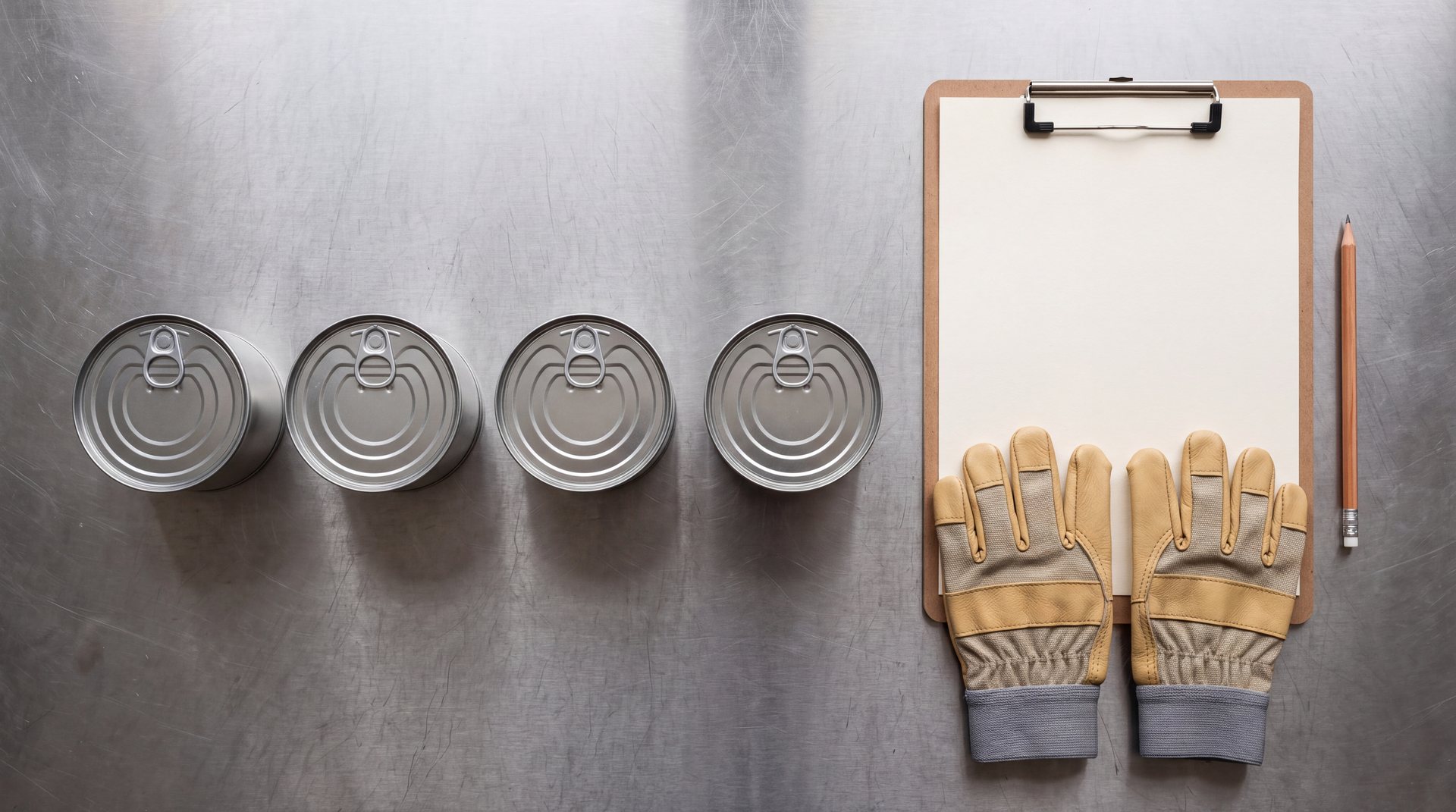 Plain cans, a clipboard and work gloves on a stainless surface