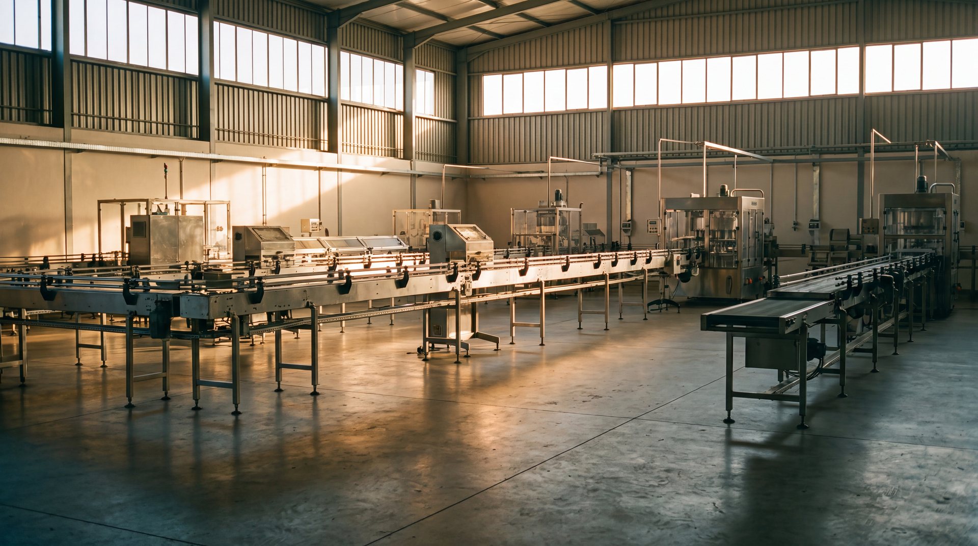 Stainless steel production line in a South African food factory at first light