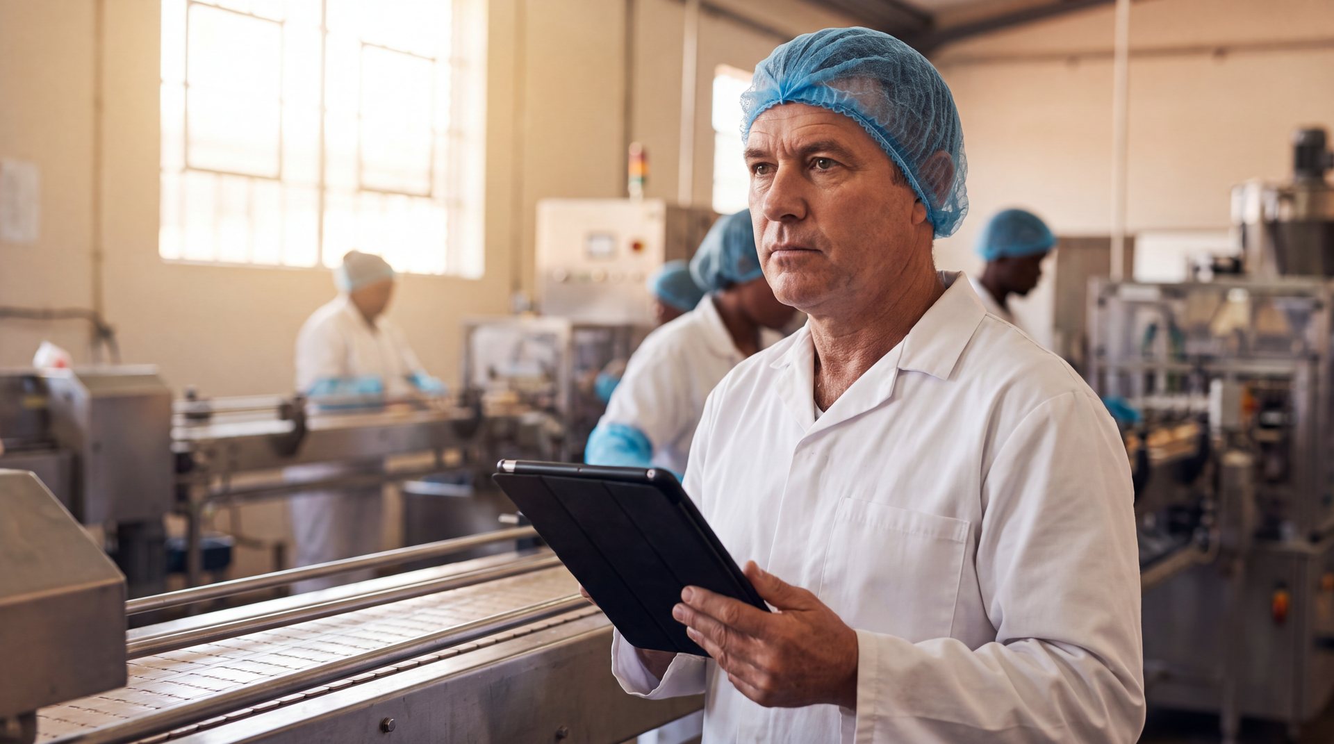 A factory manager beside a production line, holding a tablet