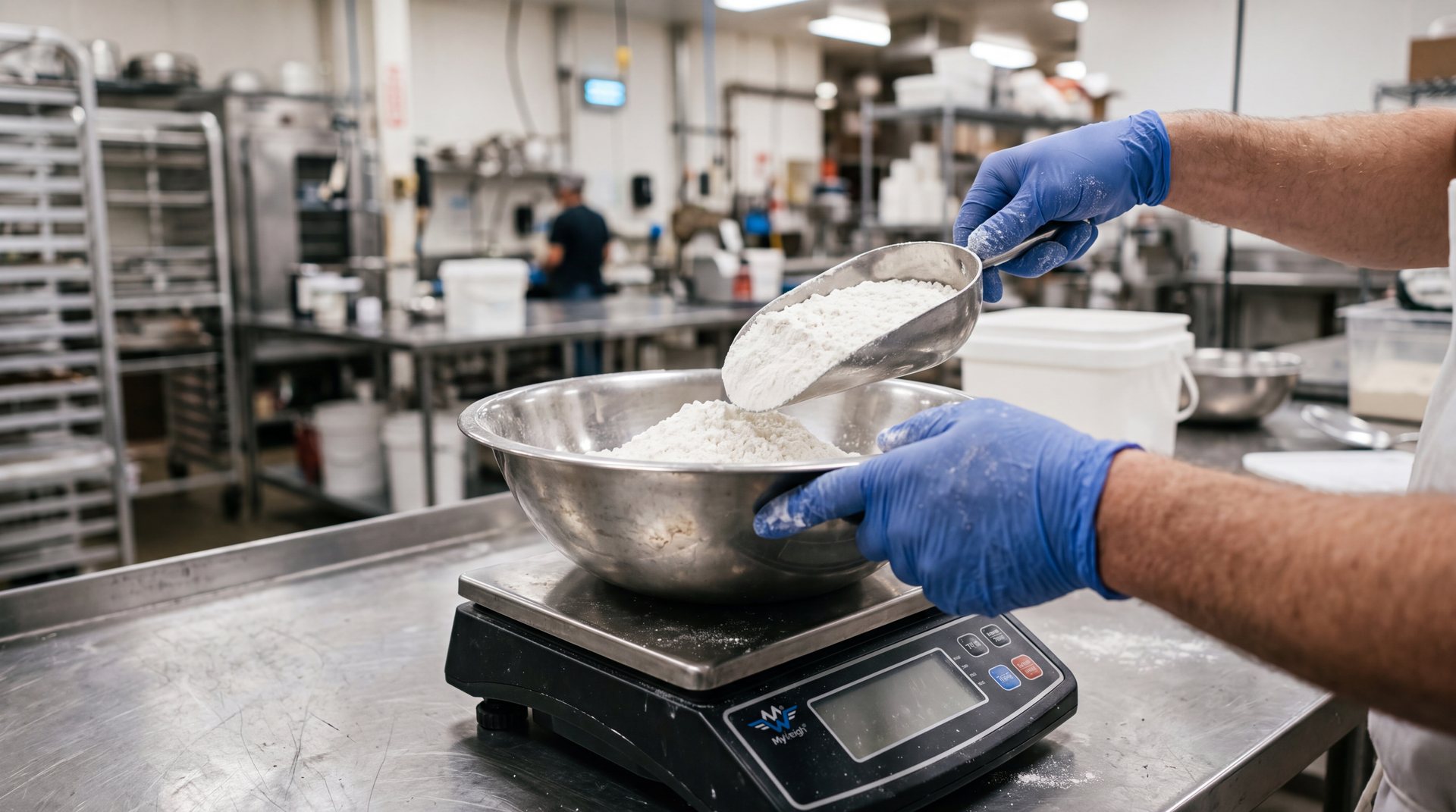 Gloved hands weighing an ingredient on a digital scale